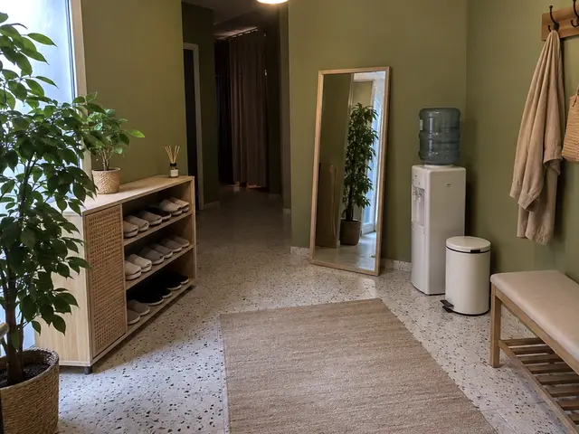 Bekleme alanı: bank, ayna, su sebili ve askılar — Gümüşsuyu, Masaj Salonun